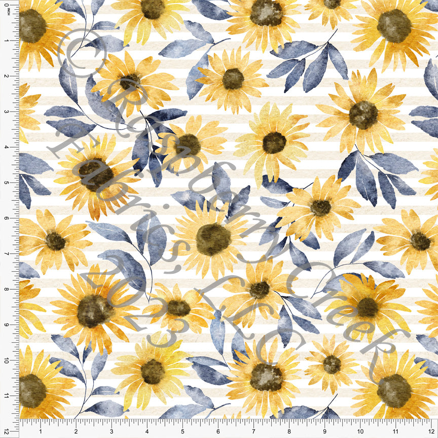 Mustard Yellow Navy and Khaki Sunflower Stripe Print Fabric, Fall Florals  by Brittney Laidlaw for CLUB Fabrics Fabric, Raspberry Creek Fabrics